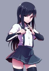 Rule 34 | 1girl, arm warmers, asashio (kancolle), black hair, black thighhighs, buttons, closed mouth, ebiblue, gesugao, grey background, highres, holding, holding knife, holding weapon, kantai collection, knife, long hair, red eyes, school uniform, shirt, simple background, skirt, solo, suspender skirt, suspenders, thighhighs, weapon, white shirt