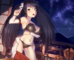 Rule 34 | 10s, 1girl, aqua eyes, armpits, ayagi daifuku, bare shoulders, black bra, black hair, black panties, bra, breasts, clothes pull, commentary request, detached sleeves, hair ribbon, isuzu (kancolle), kantai collection, kneeling, large breasts, long hair, looking at viewer, night, open clothes, open mouth, open shirt, panties, ribbon, shirt, skirt, skirt pull, sky, solo, star (sky), starry sky, twintails, underwear, underwear only, undressing, very long hair