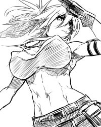 Rule 34 | abs, bare shoulders, belt, breasts, covered erect nipples, dog tags, gloves, greyscale, highres, jin (mugenjin), leona heidern, looking at viewer, midriff, monochrome, muscular, muscular female, navel, ponytail, salute, sketch, solo, tank top, the king of fighters, the king of fighters xiv, the king of fighters xv