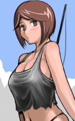 Rule 34 | 00s, 1girl, bikini, breasts, brown eyes, brown hair, cleavage, day, female focus, fishing rod, large breasts, aged up, outdoors, rozen maiden, short hair, sky, solo, souseiseki, swimsuit, tank top, torn clothes, tsuda nanafushi