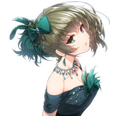 Rule 34 | 1girl, asymmetrical hair, bare shoulders, blue dress, blue eyes, bow, breasts, cleavage, collarbone, dress, earrings, feather hair ornament, feathers, from side, gem, green bow, green eyes, green feathers, green hair, hair bow, hair ornament, head tilt, heterochromia, idolmaster, idolmaster cinderella girls, idolmaster cinderella girls starlight stage, jewelry, looking at viewer, medium breasts, mole, mole under eye, necklace, off-shoulder dress, off shoulder, parted lips, short hair, short sleeves, sideways glance, simple background, solo, sukusu909, takagaki kaede, upper body, white background