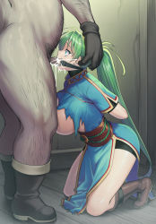 Rule 34 | 1girl, blue dress, boots, bound, bound arms, breasts, commission, cum, cum in mouth, dress, ejaculation, fellatio, fire emblem, fire emblem: the blazing blade, gag, gloves, green eyes, green hair, highres, irrumatio, jonylaser, kneeling, large breasts, long hair, lyn (fire emblem), nintendo, oral, pelvic curtain, penis, pixiv commission, ponytail, rape, ring gag, tears, torn clothes, wooden floor