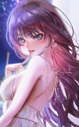 Rule 34 | 1girl, :d, bare shoulders, blue eyes, blush, breasts, dress, earrings, finger to mouth, fireworks, from side, highres, ichinose shiki, idolmaster, idolmaster cinderella girls, jewelry, large breasts, long hair, looking at viewer, looking to the side, multiple rings, night, open mouth, outdoors, purple hair, ring, sideboob, sinomi, sleeveless, sleeveless dress, smile, solo, upper body, very long hair, white dress