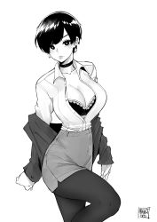 Rule 34 | 1girl, artist name, bra, breasts, choker, cleavage, collared shirt, cowboy shot, curvy, dress shirt, earrings, facing viewer, greyscale, highres, hoop earrings, jacket, jewelry, large breasts, looking at viewer, miniskirt, monochrome, norman maggot, off shoulder, olive laurentia, original, pantyhose, parted lips, partially unbuttoned, pencil skirt, pixie cut, shirt, simple background, skirt, solo, standing, underwear, white background