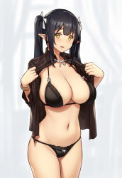 Rule 34 | 10s, 1girl, black hair, black panties, black shirt, blouse, blush, breasts, cleavage, elf, elf (houtengeki), hair ribbon, houtengeki, large breasts, long hair, looking at viewer, navel, open clothes, open mouth, open shirt, original, panties, pointy ears, ribbon, shirt, smile, solo, standing, thighs, twintails, underwear, yellow eyes