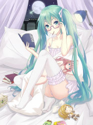 Rule 34 | 1girl, bespectacled, blush, book, character doll, dakimakura (object), feet, food, full moon, glasses, green eyes, green hair, hair ribbon, hatsune miku, highres, kagamine rin, lamp, long hair, looking at viewer, lujang, matching hair/eyes, megurine luka, moon, mouth hold, no shoes, pillow, pocky, ribbon, sitting, solo, thighhighs, tissue, tissue box, twintails, very long hair, vocaloid