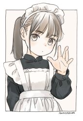 Rule 34 | 1girl, akai sashimi, apron, arm behind back, black dress, border, brown background, brown hair, closed mouth, dot mouth, dress, hand up, highres, long sleeves, looking at viewer, maid, maid apron, maid headdress, original, outside border, ponytail, simple background, solo, upper body, waving, white apron, white border, white eyes