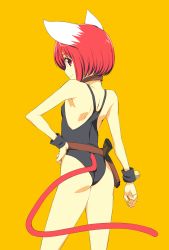 Rule 34 | 1girl, animal ears, ass, bare shoulders, black one-piece swimsuit, breasts, cat ears, cat girl, cat tail, closed mouth, from behind, gradient background, gun, hand on own hip, highres, holster, one-piece swimsuit, onija tarou, original, red eyes, red hair, short hair, sideways mouth, small breasts, smile, solo, swimsuit, tail, weapon, wristband