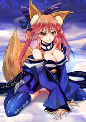 Rule 34 | 10s, 1girl, animal ear fluff, animal ears, bad id, bad pixiv id, bare shoulders, blue thighhighs, blush, bow, breasts, butano (star-dust boxxx), cameltoe, cleavage, detached sleeves, eyes visible through hair, fate/extra, fate (series), fox ears, fox girl, fox tail, grin, hair between eyes, hair bow, highres, japanese clothes, large breasts, long hair, long sleeves, panties, partially visible vulva, pink hair, purple bow, smile, solo, tail, tail raised, tamamo (fate), tamamo no mae (fate/extra), teeth, thighhighs, twintails, twitter username, underwear, white panties, wide sleeves, yellow eyes