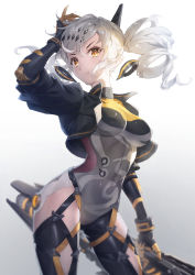 Rule 34 | 1girl, absurdres, black gloves, black shirt, breasts, cannon, closed mouth, collared shirt, cowboy shot, crop top, drill hair, duoyu zhuan qing, gloves, green eyes, hand up, highres, holding, holding weapon, karenina: ember (machina) (punishing: gray raven), karenina: ember (punishing: gray raven), karenina (punishing: gray raven), leotard, long hair, long sleeves, looking at viewer, medium breasts, messy hair, open clothes, open shirt, punishing: gray raven, shirt, sidelocks, solo, standing, thighhighs, thighs, weapon, white background, white hair