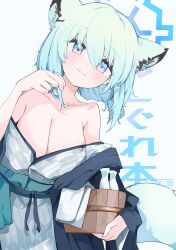 Rule 34 | 1girl, absurdres, animal ears, aqua hair, bare shoulders, blue archive, blue background, blue eyes, blue halo, bottle, breasts, bucket, cleavage, closed mouth, collarbone, grey kimono, hair between eyes, halo, highres, holding, holding bucket, japanese clothes, kimono, large breasts, looking at viewer, mikozin, off shoulder, shigure (blue archive), short hair, solo, tail