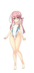 Rule 34 | 1girl, barefoot, blush, breasts, character request, collarbone, commentary request, competition swimsuit, full body, highres, hizuki aki, long hair, looking at viewer, one-piece swimsuit, original, pink eyes, pink hair, simple background, small breasts, smile, solo, swimsuit, twintails, white background