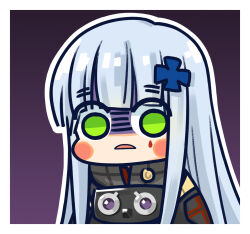 Rule 34 | 1girl, black jacket, blunt bangs, blush stickers, chibi, chinese commentary, commentary request, cross, cross hair ornament, frown, girls&#039; frontline, green eyes, grey hair, hair ornament, highres, hk416 (girls&#039; frontline), iron cross, jacket, long hair, looking at viewer, official art, parted lips, purple background, shaded face, simple background, solo, su xiao jei, teardrop facial mark, upper body, very long hair