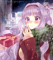 Rule 34 | 1girl, ayuko (ayuco), band, blunt bangs, blush, coat, enpera, gift, green scarf, hairband, happy birthday, idolmaster, idolmaster (classic), long hair, night, open mouth, outdoors, plaid, plaid scarf, purple eyes, purple hair, red coat, scarf, shijou takane, sleeves past wrists, snow, solo, steepled fingers, sweater, twitter username, upper body, winter