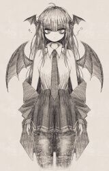 Rule 34 | 1girl, absurdres, ahoge, bat wings, blunt bangs, closed mouth, commentary request, cowboy shot, cropped legs, expressionless, greyscale, hair between eyes, head wings, highres, koakuma, long hair, looking at viewer, monochrome, necktie, off shoulder, pantyhose, reverinth, sketch, squeans, solo, touhou, traditional media, very long hair, wing collar, wings