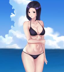 Rule 34 | 1girl, arm under breasts, bikini, black eyes, blurry, breasts, cleavage, cloud, cloudy sky, collarbone, cowboy shot, crossed arms, depth of field, highres, long hair, looking at viewer, medium breasts, navel, ocean, outdoors, parted lips, shibasawa yuri, shounen no abyss, sky, solo, sukuarosa, swimsuit, underboob