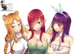 Rule 34 | 3girls, animal ears, animal hands, bare shoulders, blonde hair, breasts, cat ears, cat girl, cat paws, cleavage, cosplay, elf, erza scarlet, fairy, fairy tail, female focus, insect wings, kagura mikazuchi, large breasts, long hair, mashima hiro, mermaid, minerva orlando, monster girl, multiple girls, pointy ears, red hair, shell, shell bikini, transparent background, wings