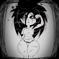 Rule 34 | 1girl, black hair, blush, breasts, cuts, eyeshadow, giygal, greyscale, highres, i can&#039;t sleep, injury, lying, makeup, messy hair, monochrome, nia (i can&#039;t sleep), on back, one eye closed, panties, rubbing eyes, shirt, sleepy, solo, teeth, thick thighs, thighs, tight clothes, tight shirt, tired eyes, toon (style), underwear, waking up