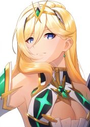Rule 34 | 1girl, acrylicstroke, armpits, bare shoulders, bianka durandal ataegina, blonde hair, blue eyes, breasts, circlet, cleavage, cleavage cutout, closed mouth, clothing cutout, commission, commissioner upload, core crystal (xenoblade), cosplay, dress, earrings, honkai (series), honkai impact 3rd, jewelry, large breasts, look-alike, looking at viewer, mythra (xenoblade), mythra (xenoblade) (cosplay), non-web source, simple background, solo, upper body, white background, white dress, xenoblade chronicles (series), xenoblade chronicles 2