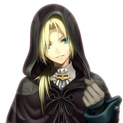 Rule 34 | 1girl, black capelet, blonde hair, blue eyes, cape, capelet, chimachi, earrings, final fantasy, final fantasy ix, gloves, grey gloves, grin, hair over shoulder, head tilt, hooded, jewelry, long hair, looking at viewer, male focus, ponytail, simple background, smile, solo, upper body, white background, zidane tribal