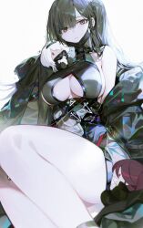 Rule 34 | 1girl, absurdres, azur lane, bare shoulders, black hair, black jacket, black mask, breasts, character doll, chyan, closed mouth, clothing cutout, colorado (azur lane), ear piercing, hair between eyes, highres, jacket, large breasts, maryland (azur lane), mask, mole, mole under eye, mouth mask, one side up, open clothes, open jacket, piercing, red eyes, simple background, solo, thighs, underboob, underboob cutout, west virginia (azur lane), west virginia (retrofit) (azur lane), white background