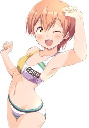 Rule 34 | ;d, bare arms, bare shoulders, bikini, blush, cowboy shot, groin, hair between eyes, highres, hoshizora rin, love live!, love live! school idol project, navel, one eye closed, open mouth, orange hair, paw pose, sen (sen0910), shading eyes, short hair, simple background, smile, solo, swimsuit, very short hair, w arms, white background, yellow eyes