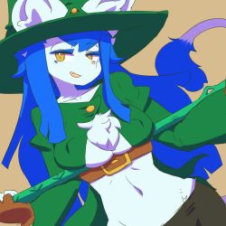 Rule 34 | 1girl, blue hair, breasts, cat, female focus, furry, furry female, hat, long hair, looking at viewer, no bra, open mouth, simple background, smile, solo, the amboina, witch hat, yellow eyes