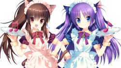 Rule 34 | 2girls, :d, animal ears, apron, bad id, bad pixiv id, beamed quavers, blue eyes, brown eyes, brown hair, cat ears, fang, highres, kemonomimi mode, little busters!, long hair, looking at viewer, maid, maid apron, maid headdress, multiple girls, musical note, natsume rin, open mouth, purple hair, quaver, sacraneco, sasasegawa sasami, sidelocks, smile, tray, treble clef, two side up, wallpaper, wrist cuffs