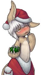 Rule 34 | 1girl, alpha transparency, animal ears, blush, body fur, bune, embarrassed, furry, gift, hat, highres, horizontal pupils, made in abyss, nanachi (made in abyss), santa hat, short hair, tail, whiskers, white hair, yellow eyes