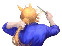 Rule 34 | 1boy, animal ears, arknights, arm behind back, arm up, blonde hair, blue shirt, commentary, cutting hair, cutting own hair, facing away, highres, holding, holding knife, horse boy, horse ears, houki (r botrytis8210), knife, long hair, male focus, mlynar (arknights), shirt, simple background, solo, upper body, white background