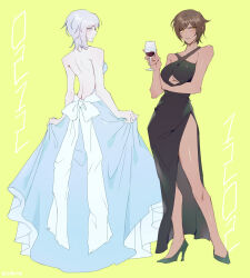 Rule 34 | 2girls, backless dress, backless outfit, black dress, blue eyes, bow, brown hair, closed mouth, clothing cutout, criss-cross halter, cup, d (3i135), dark-skinned female, dark skin, dress, drinking glass, faust (project moon), full body, halter dress, halterneck, highres, holding, holding cup, limbus company, looking at viewer, multiple girls, outis (project moon), parted lips, project moon, short hair, simple background, sleeveless, sleeveless dress, underboob cutout, white bow, white dress, white hair, wine glass, yellow background