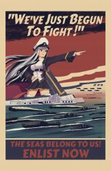 Rule 34 | 1girl, aircraft, aircraft carrier, airplane, azur lane, battleship, border, collared shirt, commentary, destroyer, english commentary, english text, enterprise (azur lane), hand on own hip, hat, jacket, long hair, looking to the side, military hat, military jacket, military vehicle, navy, necktie, ocean, panzsan, parody, pointing, poster (medium), poster parody, propaganda, red sky, ship, shirt, skirt, sky, very long hair, warship, watercraft, white hair, white headwear, white shirt, world war ii
