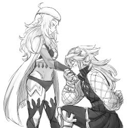 Rule 34 | 2girls, ahoge, arm behind back, armor, artist name, cape, center opening, circlet, commentary, dlanon, eyebrows, closed eyes, fire emblem, fire emblem fates, gloves, greyscale, hair ornament, hairband, hand grab, kiss, kissing hand, long hair, looking down, monochrome, multiple girls, nintendo, on one knee, ophelia (fire emblem), profile, sketch, soleil (fire emblem), standing, thighhighs, thighs, yuri