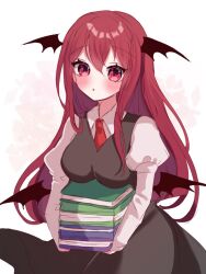 Rule 34 | 1girl, :o, bat wings, black skirt, black vest, blush, book, book stack, breasts, carrying, commentary request, head wings, juliet sleeves, koakuma, long hair, long sleeves, looking at viewer, low wings, medium breasts, necktie, one-hour drawing challenge, parted lips, puffy sleeves, red eyes, red hair, red necktie, simple background, siomi 403, skirt, skirt set, solo, touhou, very long hair, vest, white background, wing collar, wings