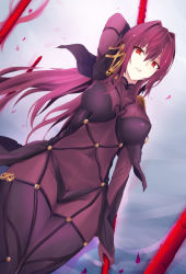 Rule 34 | 1girl, bodysuit, breasts, fate/grand order, fate (series), holding, holding weapon, long hair, medium breasts, polearm, purple hair, red eyes, scathach (fate), scathach (fate), solo, spear, standing, very long hair, weapon