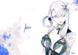 Rule 34 | 1girl, bandages, bandaged arm, breasts, flower, hair flower, hair ornament, hair over one eye, ishida sui, kaine (nier), large breasts, lips, long hair, md5 mismatch, nier, nier (series), resized, signature, solo, white background