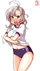Rule 34 | 1girl, alternate costume, artist logo, blue buruma, buruma, clothes lift, commentary request, dated, green eyes, grey hair, gym uniform, hair tie, highres, kanon (kurogane knights), kantai collection, kinugasa (kancolle), kinugasa kai ni (kancolle), lifting own clothes, looking at viewer, medium hair, navel, one side up, shirt, shirt lift, simple background, solo, t-shirt, undressing, wavy mouth, white background, white shirt