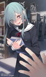 Rule 34 | !?, 1girl, absurdres, black shirt, black skirt, blue hair, blush, book, breasts, crossed bangs, eyes visible through hair, hair over one eye, highres, holding, holding book, indoors, jjune, large breasts, library, long hair, long sleeves, looking at viewer, neck ribbon, open mouth, original, pov, pov hands, red eyes, red ribbon, ribbon, sailor collar, shirt, skirt, spoken interrobang, white sailor collar