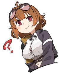 Rule 34 | 1girl, ?, ahoge, amonitto, blush, brown hair, commentary request, eyewear on head, girls&#039; frontline, grizzly mkv (girls&#039; frontline), jacket, looking at viewer, red eyes, short hair, simple background, solo, sunglasses, upper body, white background
