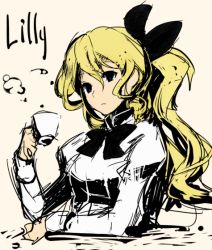 Rule 34 | 10s, 1girl, blind, blonde hair, blue eyes, bow, character name, colorized, cup, hair bow, katawa shoujo, long hair, ponytail, ribbon, satou lilly, serious, solo, teacup, weee (raemz)