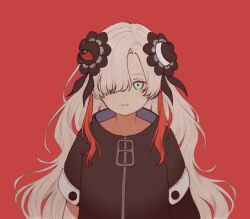 Rule 34 | 1girl, arms at sides, asymmetrical sleeves, black flower, blue eyes, closed mouth, coat, commentary request, expressionless, flower, grey hair, hair flower, hair ornament, hair over one eye, high collar, highres, isekai joucho, kamitsubaki studio, karakai 13, long hair, looking at viewer, multicolored hair, one eye covered, red background, red hair, simple background, solo, straight-on, streaked hair, uneven sleeves, upper body, virtual youtuber, wavy hair, white coat, zipper pull tab