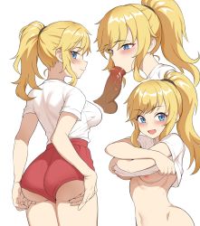 Rule 34 | 1girl, absurdres, alternate costume, arms behind back, ass, ass support, blonde hair, blue eyes, blush, breasts, buruma, clothes lift, cowboy shot, fellatio, from behind, genmon, hair between eyes, hands on own ass, highres, idolmaster, idolmaster cinderella girls, long hair, looking at viewer, looking back, medium breasts, multiple views, nape, navel, nipples, no bra, ohtsuki yui, open mouth, oral, penis, ponytail, red buruma, shirt, shirt lift, shirt tucked in, short sleeves, shoulder blades, sidelocks, simple background, smile, swept bangs, tight clothes, tight shirt, white background, white shirt