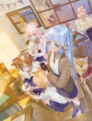 Rule 34 | 1other, 3boys, 3girls, absurdres, alternate costume, animal, animal ear fluff, animal ears, arataki itto, artist name, ayaka (genshin impact), blonde hair, blouse, blue hair, book, bow, box, breasts, brown hair, bubble tea, bulletin board, cardigan, chair, classroom, collared shirt, colored tips, commentary, cup, desk, dog, drooling, foreshortening, gender request, genshin impact, gorou (genshin impact), gradient hair, hair ribbon, hand on own chin, hand up, head rest, highres, holding, holding box, holding cup, holding orb, horns, jacket, kamisato ayato, kneehighs, kneeling, long hair, medium hair, meme, mixed-language text, mouth drool, multicolored hair, multiple boys, multiple girls, neck ribbon, neirdr1, pants, partially unbuttoned, pleated skirt, ponytail, red hair, red ribbon, ribbon, sangonomiya kokomi, school chair, school desk, school uniform, shiba inu, shirt, short hair, sidelocks, sitting, skirt, sleeves rolled up, small breasts, socks, streaked hair, symbol-only commentary, taroumaru (genshin impact), thoma (genshin impact), translation request, white hair, white jacket, white shirt, window, yoimiya (genshin impact)