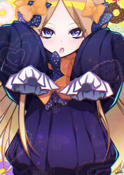 Rule 34 | 1girl, abigail williams (fate), black bow, black dress, blonde hair, blue eyes, blush, bow, breasts, dress, fate/grand order, fate (series), forehead, hair bow, highres, long hair, long sleeves, looking at viewer, open mouth, orange bow, parted bangs, shiushiu kurauneru plus, sleeves past fingers, sleeves past wrists, small breasts, solo