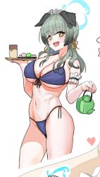 Rule 34 | + +, 1girl, animal ears, bikini, blue archive, blue bikini, breasts, brown eyes, cleavage, colored tips, commentary, dango, dog ears, extra ears, food, grey hair, hair ribbon, halo, heart, highres, kettle, large breasts, long hair, maid headdress, multicolored hair, navel, open mouth, ribbon, smile, solo, swimsuit, umika (blue archive), urrrt, wagashi