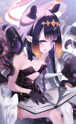 Rule 34 | 1girl, ao-chan (ninomae ina&#039;nis), bare shoulders, black dress, blush, breasts, detached sleeves, dress, halo, highres, hololive, hololive english, long hair, looking at viewer, low wings, ninomae ina&#039;nis, ninomae ina&#039;nis (1st costume), purple eyes, purple hair, sidelocks, single detached sleeve, small breasts, tentacles, virtual youtuber, wings, yaguo