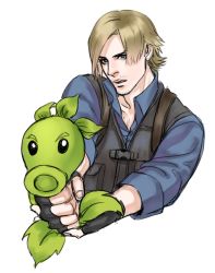 Rule 34 | 1boy, aiming, anderain, blonde hair, blue eyes, crossover, fingerless gloves, gloves, leon s. kennedy, male focus, parody, plants vs zombies, repeater (pvz), resident evil, resident evil 6, simple background, sketch, vest, white background