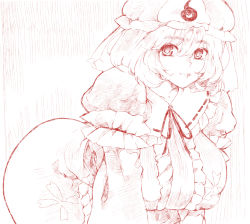 Rule 34 | 1girl, armband, bent over, breasts, closed mouth, dress, hat, highres, huge breasts, long dress, long sleeves, looking at viewer, monochrome, neck ribbon, mob cap, red theme, ribbon, rye (hyn uka), saigyouji yuyuko, short hair, smile, solo, touhou