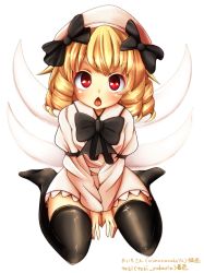 Rule 34 | 1girl, artist name, bad id, bad pixiv id, black thighhighs, blonde hair, bow, chestnut mouth, colorized, dress, drill hair, fairy wings, hat, hat bow, juliet sleeves, long sleeves, looking at viewer, luna child, nanahi toshi, oimo (imoyoukan), open mouth, puffy sleeves, red eyes, sitting, solo, thighhighs, touhou, v arms, wariza, white dress, wings, zettai ryouiki