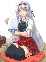 Rule 34 | 10s, 1girl, :d, ^ ^, blush, bowl, closed eyes, cushion, dd (ijigendd), closed eyes, hairband, japanese clothes, kantai collection, knees together feet apart, long hair, muneate, ohitsu, open mouth, personification, rice, rice bowl, rice cooker, shamoji, shoukaku (kancolle), sitting, skirt, smile, solo, thighhighs, wariza, white hair